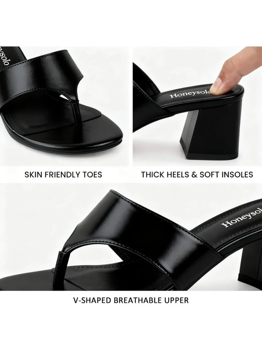 Women's Black Faux Leather Summer Comfortable Square Open Toe Thong Low Heels